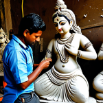 Traditional Durga Idol Creation**

"A Kumartuli artisan, fully clothed, meticulously crafting the face of a Durga idol from clay, appropriate attire, set in a bustling workshop filled with half-finished idols, tools, and materials, safe for work, perfect anatomy, correct proportions, natural pose, professional photography, high quality, family-friendly, modest clothing."

**