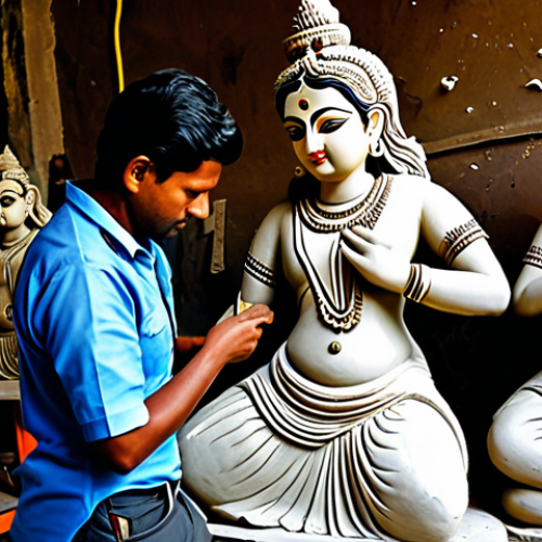 Home 15 Traditional Durga Idol Creation**
"A Kumartuli artisan, fully clothed, meticulously crafting the face of a Durga idol from clay, appropriate attire, set in a bustling workshop filled with half-finished idols, tools, and materials, safe for work, perfect anatomy, correct proportions, natural pose, professional photography, high quality, family-friendly, modest clothing."
**