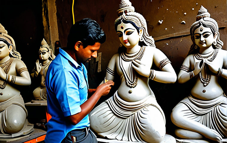 Traditional Durga Idol Creation**

"A Kumartuli artisan, fully clothed, meticulously crafting the face of a Durga idol from clay, appropriate attire, set in a bustling workshop filled with half-finished idols, tools, and materials, safe for work, perfect anatomy, correct proportions, natural pose, professional photography, high quality, family-friendly, modest clothing."

**