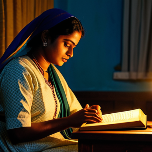 Home 14 Advent Preparation**
"A woman in a modest, traditional Bengali dress, praying quietly by candlelight. The scene is a warmly lit room with a Bengali-style Bible open on a table. Soft, diffused lighting. Fully clothed, appropriate attire, safe for work, perfect anatomy, natural proportions, professional, modest, family-friendly."
**