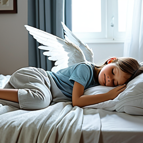 Home 7 Guardian Angel**
"A serene guardian angel with luminous wings, watching over a child sleeping peacefully in a cozy bedroom, soft light, comforting presence, safe for work, appropriate content, fully clothed, modest attire, perfect anatomy, natural proportions, professional illustration, family-friendly"
**