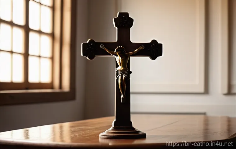 가톨릭 교회의 상징들 - **A Serene Wooden Cross in Sunlight**
    A highly detailed, humble wooden cross, perhaps with a sli...