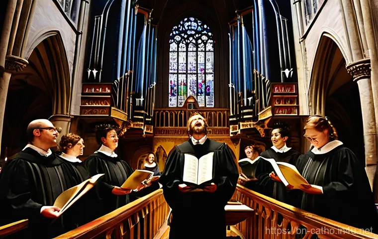 가톨릭 교회 음악의 기원 - **Prompt Title: The Echoes of Gregorian Chant**
    **Image Prompt:** A serene and atmospheric depic...