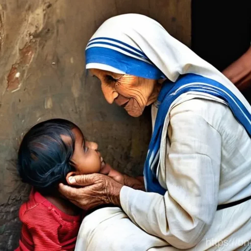 성녀 테레사의 사랑과 헌신 - **Prompt 1: The Embrace of Compassion in Kolkata Slums**
    "A deeply empathetic and realistic full...