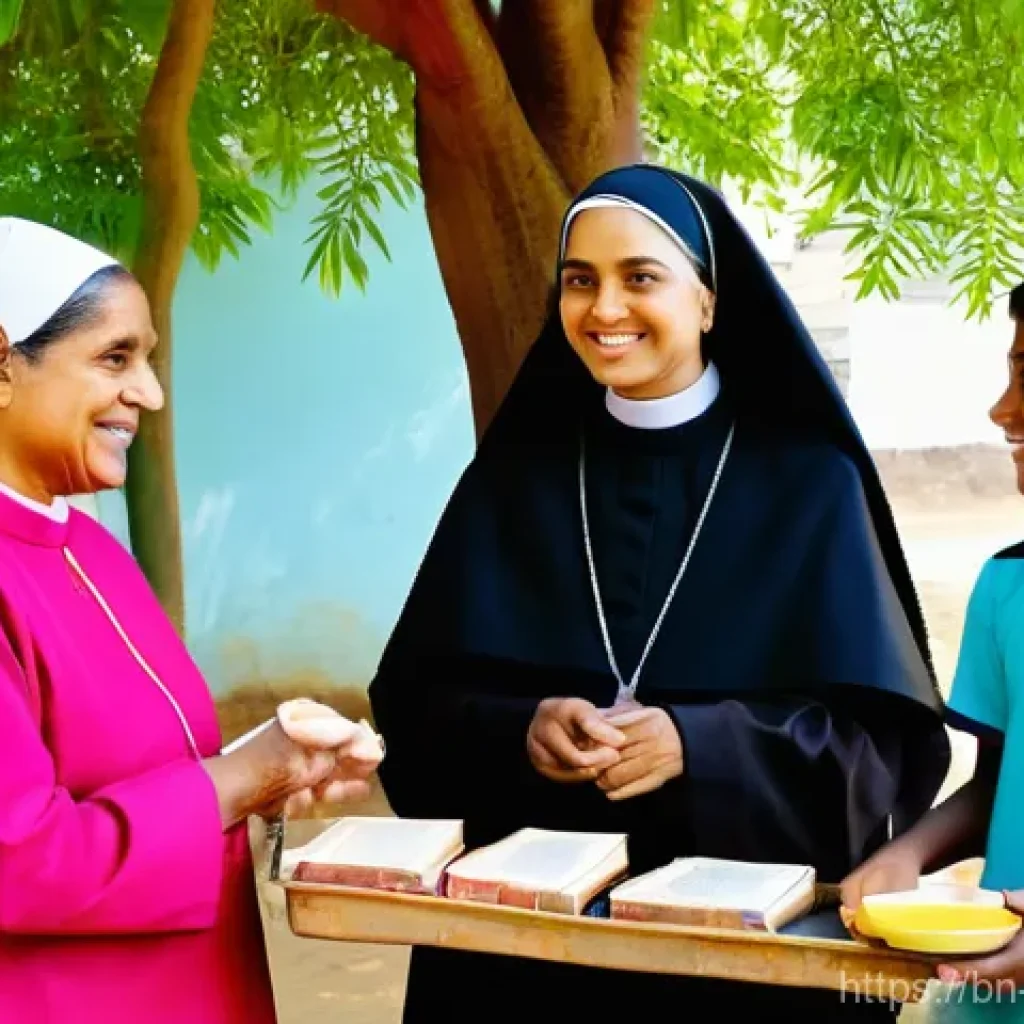 카톨릭에서의 여성 수도자의 역할 - A group of Catholic nuns, dressed in modest, contemporary habits, actively engaging in a bustling co...