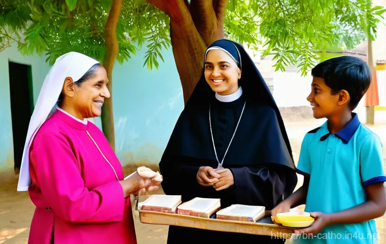 카톨릭에서의 여성 수도자의 역할 - A group of Catholic nuns, dressed in modest, contemporary habits, actively engaging in a bustling co...