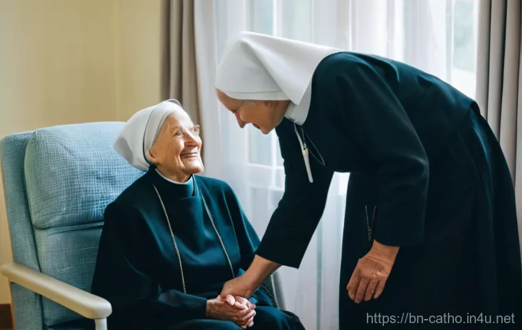 카톨릭에서의 여성 수도자의 역할 - A group of Catholic nuns, dressed in modest, contemporary habits, actively engaging in a bustling co...