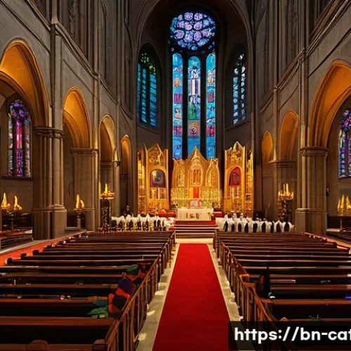 Home 11 가톨릭과 동방 정교회의 차이 - A detailed depiction of a Roman Catholic Mass inside a grand cathedral, featuring a priest in tradit...