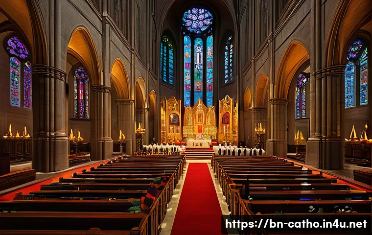 가톨릭과 동방 정교회의 차이 - A detailed depiction of a Roman Catholic Mass inside a grand cathedral, featuring a priest in tradit...