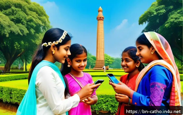 순교자의 피와 유적 이야기 - A vibrant scene at a historical independence monument in Bangladesh, featuring diverse young Bengali...