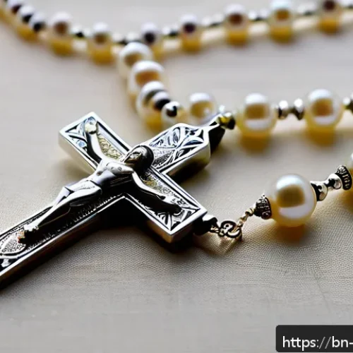 Home 30 로사리오 묵주의 역사 - A serene, detailed close-up of a traditional Rosario rosary made from polished pearls and silver, la...