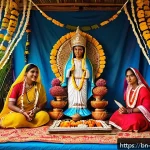 Home 23 성모 마리아 신앙의 발전 - A serene rural South Asian village festival scene featuring diverse people united in devotion around...