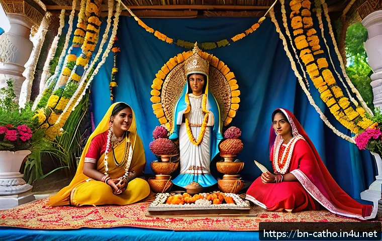 성모 마리아 신앙의 발전 - A serene rural South Asian village festival scene featuring diverse people united in devotion around...