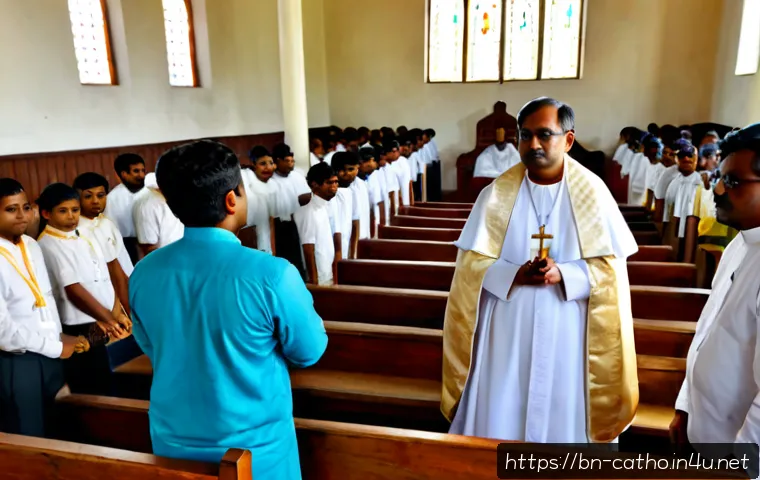 미사 전례의 구조와 의미 - Photorealistic Catholic Mass in a Bengali church, a priest in simple white and gold vestments standi...